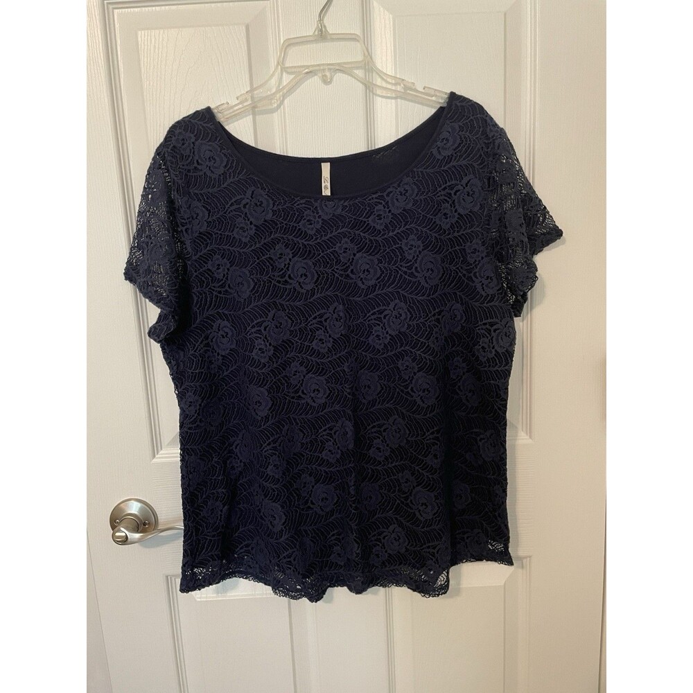 Women's Lace Pullover Blouse Size XXL Dark Blue Short Sleeve Whimsigoth Boho